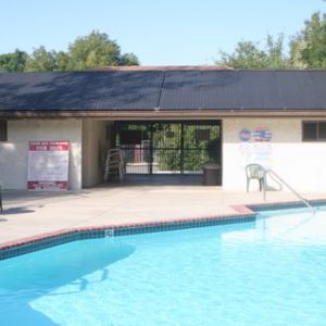 Pool cabana with solar panels